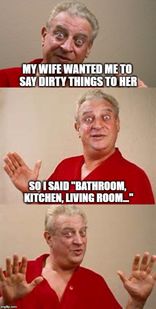 bad pun Dangerfield  | MY WIFE WANTED ME TO SAY DIRTY THINGS TO HER; SO I SAID "BATHROOM, KITCHEN, LIVING ROOM..." | image tagged in bad pun dangerfield | made w/ Imgflip meme maker