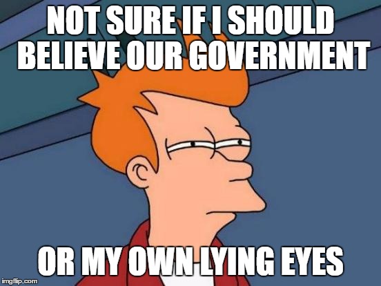 Futurama Fry Meme | NOT SURE IF I SHOULD BELIEVE OUR GOVERNMENT OR MY OWN LYING EYES | image tagged in memes,futurama fry | made w/ Imgflip meme maker