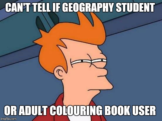 Futurama Fry | CAN'T TELL IF GEOGRAPHY STUDENT; OR ADULT COLOURING BOOK USER | image tagged in memes,futurama fry,geography,student,lol | made w/ Imgflip meme maker