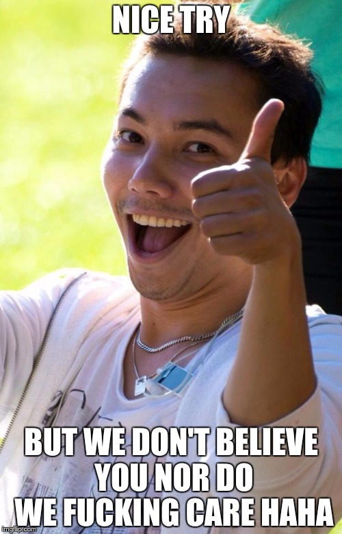 SARCASTIC THUMBS UP | NICE TRY; BUT WE DON'T BELIEVE YOU NOR DO WE FUCKING CARE HAHA | image tagged in sarcastic thumbs up | made w/ Imgflip meme maker