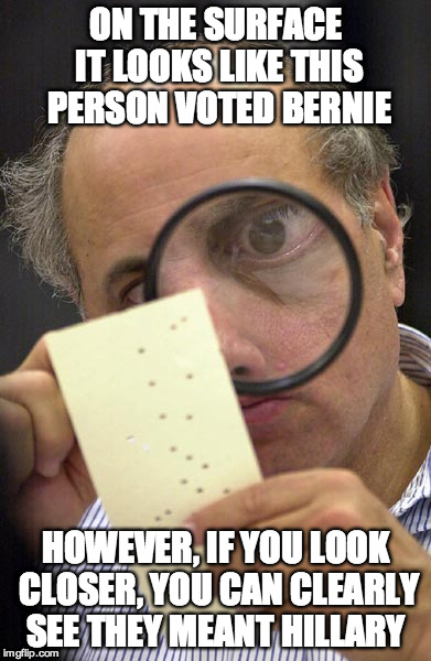 Vote card | ON THE SURFACE IT LOOKS LIKE THIS PERSON VOTED BERNIE; HOWEVER, IF YOU LOOK CLOSER, YOU CAN CLEARLY SEE THEY MEANT HILLARY | image tagged in vote card | made w/ Imgflip meme maker