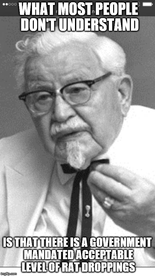 of course there's SOME rat in it | WHAT MOST PEOPLE DON'T UNDERSTAND; IS THAT THERE IS A GOVERNMENT MANDATED ACCEPTABLE LEVEL OF RAT DROPPINGS | image tagged in fast food,kfc colonel sanders,eating healthy | made w/ Imgflip meme maker