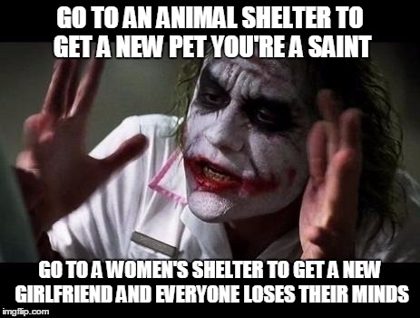 What's up with that? | GO TO AN ANIMAL SHELTER TO GET A NEW PET YOU'RE A SAINT; GO TO A WOMEN'S SHELTER TO GET A NEW GIRLFRIEND AND EVERYONE LOSES THEIR MINDS | image tagged in joker everyone loses their minds,shelter,memes | made w/ Imgflip meme maker