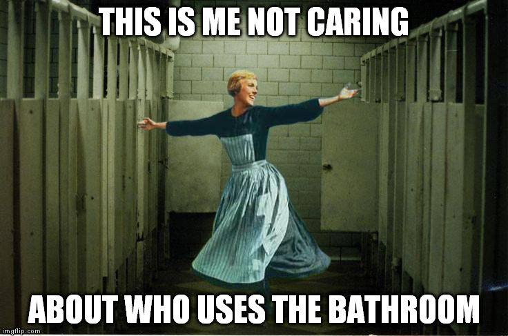 Bathroom politics | THIS IS ME NOT CARING; ABOUT WHO USES THE BATHROOM | image tagged in sound of music bathroom,this is me not caring,transgender bathroom | made w/ Imgflip meme maker