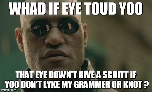 Matrix Morpheus | WHAD IF EYE TOUD YOO; THAT EYE DOWN'T GIVE A SCHITT IF YOO DON'T LYKE MY GRAMMER OR KNOT ? | image tagged in memes,matrix morpheus | made w/ Imgflip meme maker