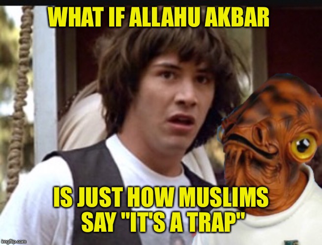 Are there Star Wars nerd terrorists??? | WHAT IF ALLAHU AKBAR; IS JUST HOW MUSLIMS SAY "IT'S A TRAP" | image tagged in conspiracy keanu,memes,funny,ackbar,terrorists,star wars | made w/ Imgflip meme maker
