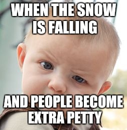Skeptical Baby Meme | WHEN THE SNOW IS FALLING; AND PEOPLE BECOME EXTRA PETTY | image tagged in memes,skeptical baby | made w/ Imgflip meme maker
