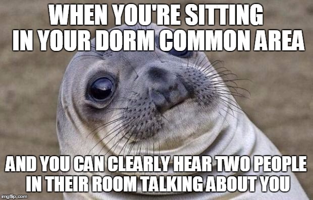The walls are thin...too thin... | WHEN YOU'RE SITTING IN YOUR DORM COMMON AREA; AND YOU CAN CLEARLY HEAR TWO PEOPLE IN THEIR ROOM TALKING ABOUT YOU | image tagged in memes,awkward moment sealion | made w/ Imgflip meme maker