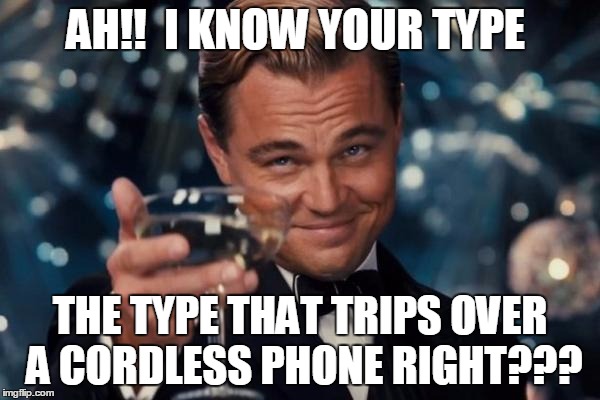 Leonardo Dicaprio Cheers | AH!!  I KNOW YOUR TYPE; THE TYPE THAT TRIPS OVER A CORDLESS PHONE RIGHT??? | image tagged in memes,leonardo dicaprio cheers | made w/ Imgflip meme maker