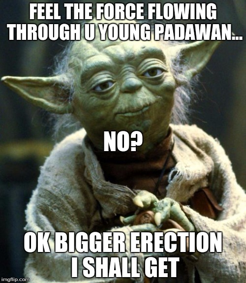 Star Wars Yoda Meme | FEEL THE FORCE FLOWING THROUGH U YOUNG PADAWAN... NO? OK BIGGER ERECTION I SHALL GET | image tagged in memes,star wars yoda | made w/ Imgflip meme maker