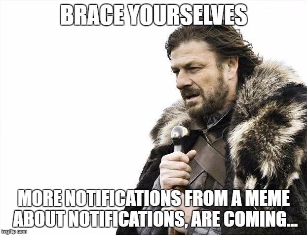 Brace Yourselves X is Coming Meme | BRACE YOURSELVES MORE NOTIFICATIONS FROM A MEME ABOUT NOTIFICATIONS, ARE COMING... | image tagged in memes,brace yourselves x is coming | made w/ Imgflip meme maker