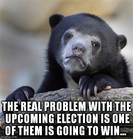 Yup. | THE REAL PROBLEM WITH THE UPCOMING ELECTION IS ONE OF THEM IS GOING TO WIN... | image tagged in memes,confession bear | made w/ Imgflip meme maker