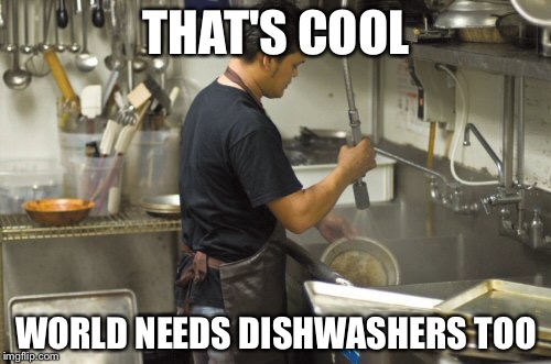 Washing dishes | THAT'S COOL WORLD NEEDS DISHWASHERS TOO | image tagged in washing dishes | made w/ Imgflip meme maker