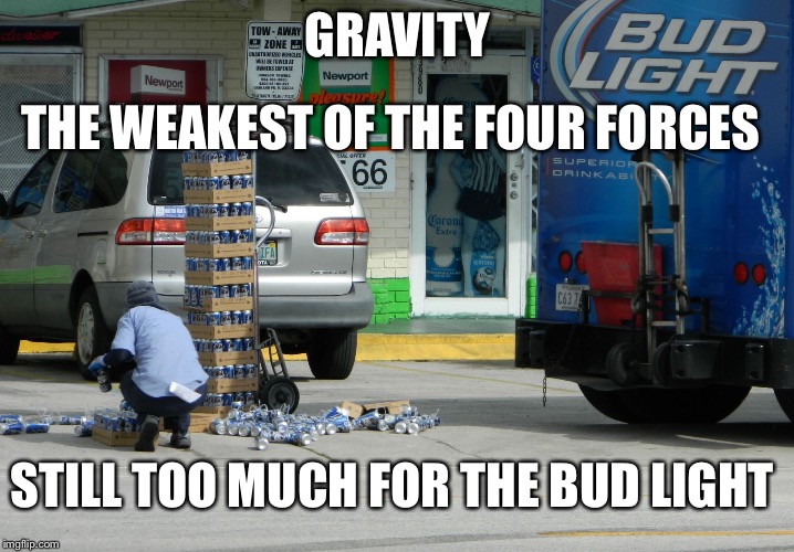 Physics lesson | GRAVITY; THE WEAKEST OF THE FOUR FORCES; STILL TOO MUCH FOR THE BUD LIGHT | image tagged in gravity the weakest force,beer,memes | made w/ Imgflip meme maker