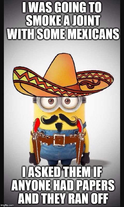 Mexican minion | I WAS GOING TO SMOKE A JOINT WITH SOME MEXICANS; I ASKED THEM IF ANYONE HAD PAPERS AND THEY RAN OFF | image tagged in mexican minion | made w/ Imgflip meme maker
