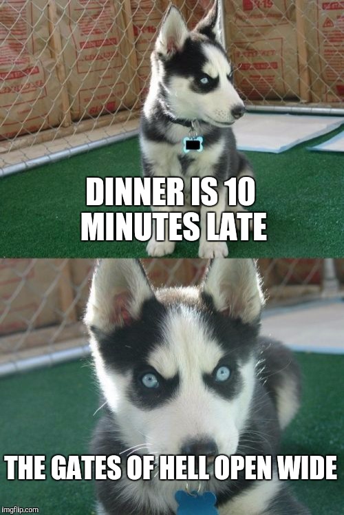 Food | DINNER IS 10 MINUTES LATE; THE GATES OF HELL OPEN WIDE | image tagged in memes,insanity puppy | made w/ Imgflip meme maker