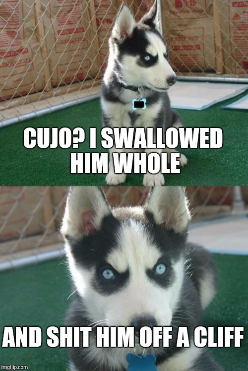 Insanity Puppy | CUJO? I SWALLOWED HIM WHOLE; AND SHIT HIM OFF A CLIFF | image tagged in memes,insanity puppy | made w/ Imgflip meme maker