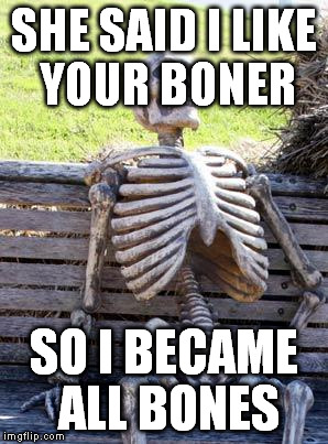 The Truest Bone...r | SHE SAID I LIKE YOUR BONER; SO I BECAME ALL BONES | image tagged in memes,waiting skeleton,funny,sex,boner,penis jokes | made w/ Imgflip meme maker