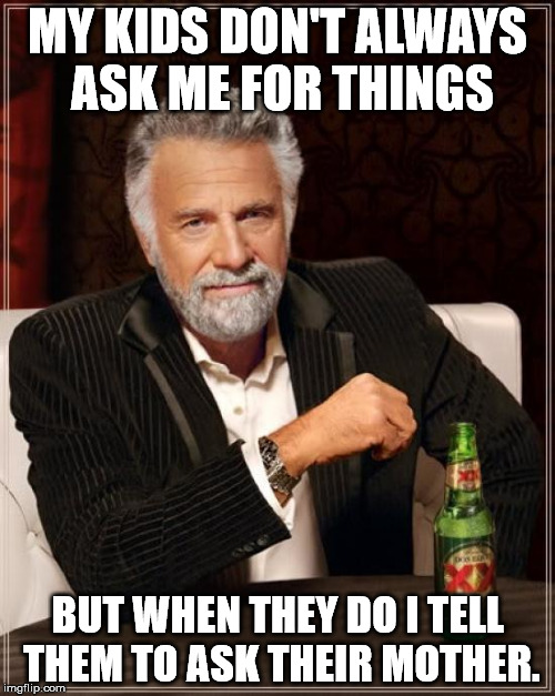 The Most Interesting Man In The World | MY KIDS DON'T ALWAYS ASK ME FOR THINGS; BUT WHEN THEY DO I TELL THEM TO ASK THEIR MOTHER. | image tagged in memes,the most interesting man in the world | made w/ Imgflip meme maker
