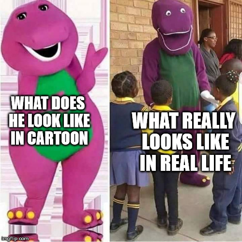 WHAT DOES HE LOOK LIKE IN CARTOON; WHAT REALLY LOOKS LIKE IN REAL LIFE | image tagged in barney | made w/ Imgflip meme maker