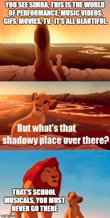 This is how it feels to me, anyway | YOU SEE SIMBA, THIS IS THE WORLD OF PERFORMANCE. MUSIC VIDEOS, GIFS, MOVIES, TV,  IT'S ALL BEAUTIFUL. THAT'S SCHOOL MUSICALS, YOU MUST NEVER GO THERE | image tagged in memes,simba shadowy place,meme,funny memes,funny,lion king | made w/ Imgflip meme maker