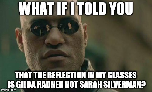 Hoo Dat? | WHAT IF I TOLD YOU; THAT THE REFLECTION IN MY GLASSES IS GILDA RADNER NOT SARAH SILVERMAN? | image tagged in memes,matrix morpheus,comedian,women | made w/ Imgflip meme maker
