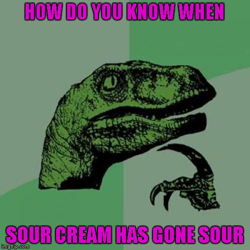Philosoraptor Meme | HOW DO YOU KNOW WHEN SOUR CREAM HAS GONE SOUR | image tagged in memes,philosoraptor | made w/ Imgflip meme maker