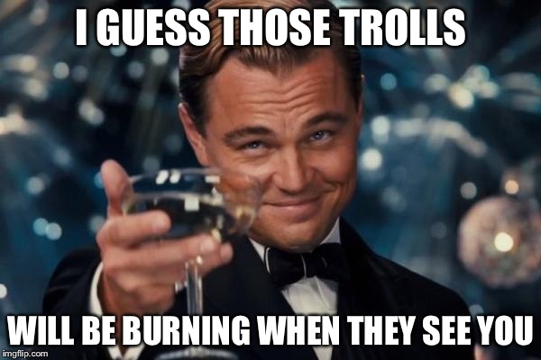 Leonardo Dicaprio Cheers Meme | I GUESS THOSE TROLLS WILL BE BURNING WHEN THEY SEE YOU | image tagged in memes,leonardo dicaprio cheers | made w/ Imgflip meme maker