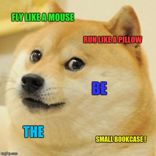 Doge Meme | FLY LIKE A MOUSE; RUN LIKE A PILLOW; BE; THE; SMALL BOOKCASE ! | image tagged in memes,doge | made w/ Imgflip meme maker