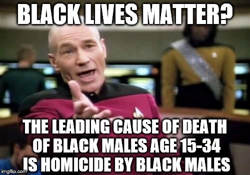Picard Wtf | BLACK LIVES MATTER? THE LEADING CAUSE OF DEATH OF BLACK MALES AGE 15-34 IS HOMICIDE BY BLACK MALES | image tagged in memes,picard wtf,black lives matter | made w/ Imgflip meme maker