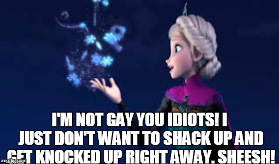 Elsa wants you to let it go. | I'M NOT GAY YOU IDIOTS! I JUST DON'T WANT TO SHACK UP AND GET KNOCKED UP RIGHT AWAY. SHEESH! | image tagged in frozen,lgbt,disney,elsa | made w/ Imgflip meme maker