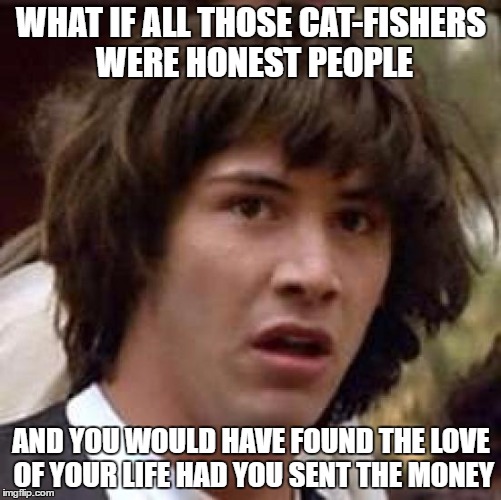 Conspiracy Keanu Meme | WHAT IF ALL THOSE CAT-FISHERS WERE HONEST PEOPLE; AND YOU WOULD HAVE FOUND THE LOVE OF YOUR LIFE HAD YOU SENT THE MONEY | image tagged in memes,conspiracy keanu | made w/ Imgflip meme maker