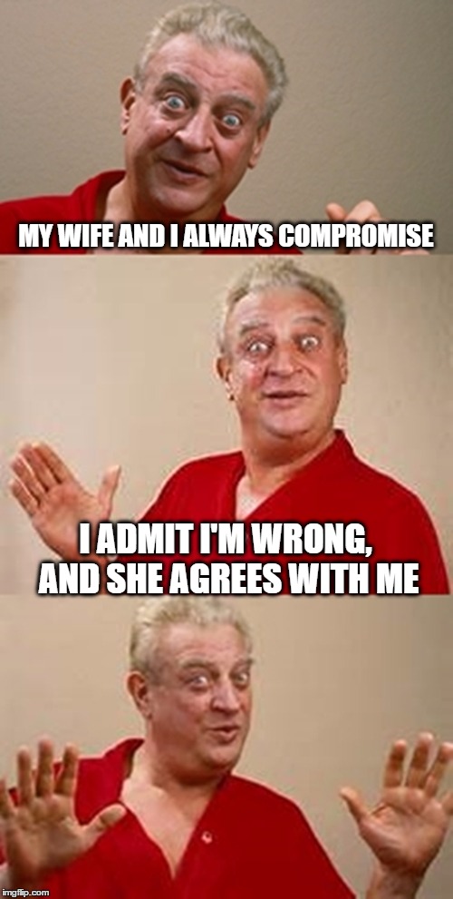 bad pun Dangerfield  | MY WIFE AND I ALWAYS COMPROMISE; I ADMIT I'M WRONG, AND SHE AGREES WITH ME | image tagged in bad pun dangerfield | made w/ Imgflip meme maker