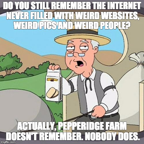 Pepperidge Farm Remembers Meme | DO YOU STILL REMEMBER THE INTERNET NEVER FILLED WITH WEIRD WEBSITES, WEIRD PICS AND WEIRD PEOPLE? ACTUALLY, PEPPERIDGE FARM DOESN'T REMEMBER. NOBODY DOES. | image tagged in memes,pepperidge farm remembers | made w/ Imgflip meme maker