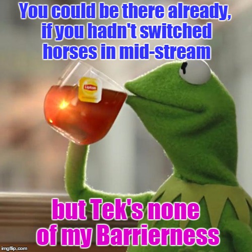 But That's None Of My Business Meme | You could be there already, if you hadn't switched horses in mid-stream but Tek's none of my Barrierness | image tagged in memes,but thats none of my business,kermit the frog | made w/ Imgflip meme maker