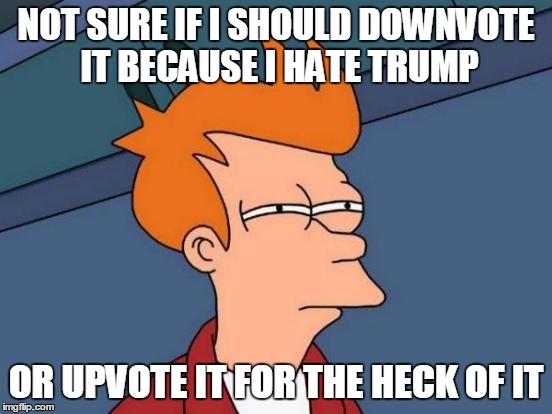Futurama Fry Meme | NOT SURE IF I SHOULD DOWNVOTE IT BECAUSE I HATE TRUMP OR UPVOTE IT FOR THE HECK OF IT | image tagged in memes,futurama fry | made w/ Imgflip meme maker