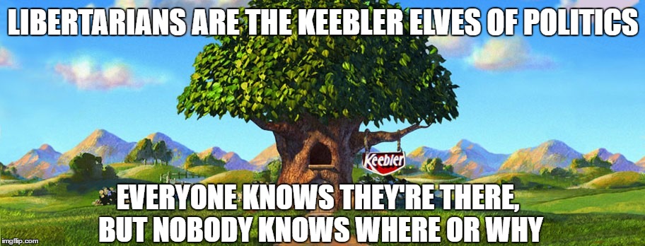 Libertarians | LIBERTARIANS ARE THE KEEBLER ELVES OF POLITICS; EVERYONE KNOWS THEY'RE THERE, BUT NOBODY KNOWS WHERE OR WHY | image tagged in memes,election 2016 | made w/ Imgflip meme maker