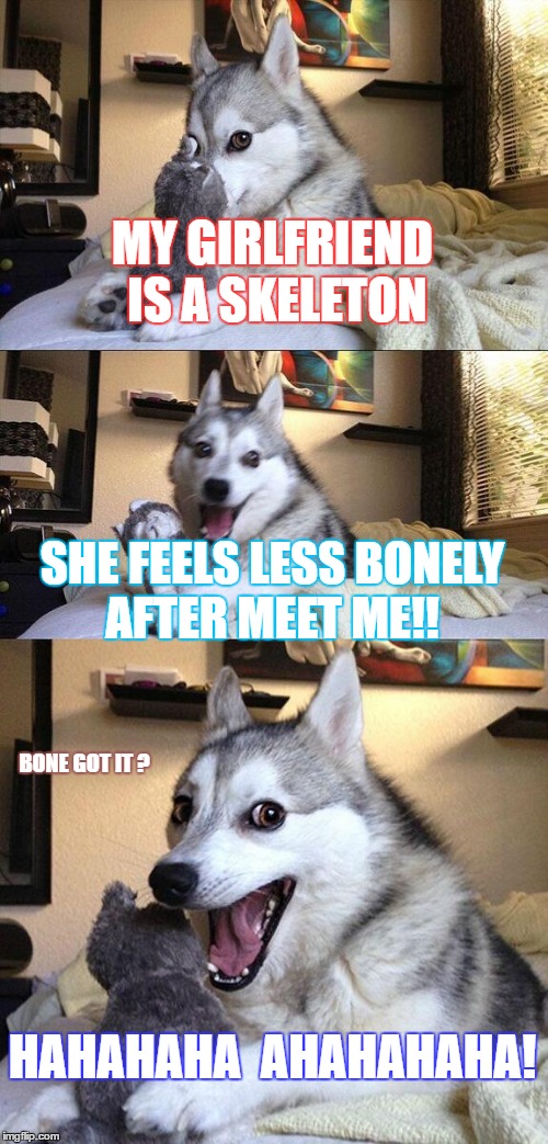 dog's pun about skeleton.... | MY GIRLFRIEND IS A SKELETON; SHE FEELS LESS BONELY AFTER MEET ME!! BONE GOT IT ? HAHAHAHA  AHAHAHAHA! | image tagged in memes,bad pun dog | made w/ Imgflip meme maker