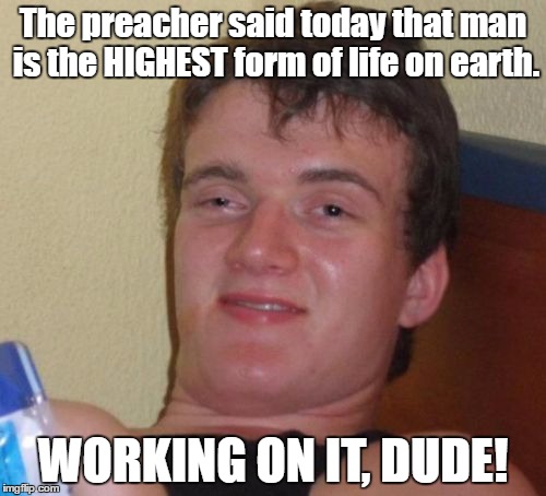10 Guy | The preacher said today that man is the HIGHEST form of life on earth. WORKING ON IT, DUDE! | image tagged in memes,10 guy | made w/ Imgflip meme maker
