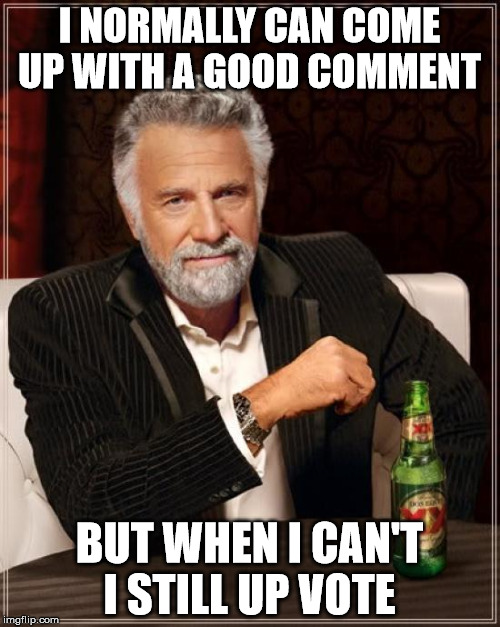 The Most Interesting Man In The World Meme | I NORMALLY CAN COME UP WITH A GOOD COMMENT BUT WHEN I CAN'T I STILL UP VOTE | image tagged in memes,the most interesting man in the world | made w/ Imgflip meme maker