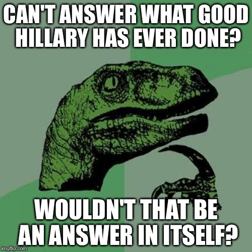 Philosoraptor Meme | CAN'T ANSWER WHAT GOOD HILLARY HAS EVER DONE? WOULDN'T THAT BE AN ANSWER IN ITSELF? | image tagged in memes,philosoraptor | made w/ Imgflip meme maker