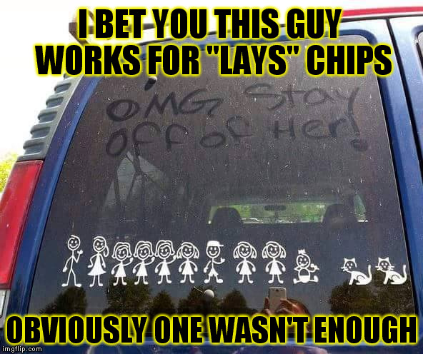 When one is not enough! | I BET YOU THIS GUY WORKS FOR "LAYS" CHIPS; OBVIOUSLY ONE WASN'T ENOUGH | image tagged in chips,kids,pregnant,lots of babies,funny,van | made w/ Imgflip meme maker