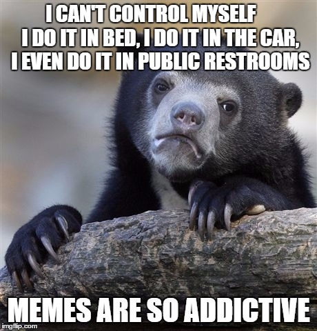 Confession Bear Meme | I CAN'T CONTROL MYSELF     I DO IT IN BED, I DO IT IN THE CAR, I EVEN DO IT IN PUBLIC RESTROOMS; MEMES ARE SO ADDICTIVE | image tagged in memes,confession bear | made w/ Imgflip meme maker