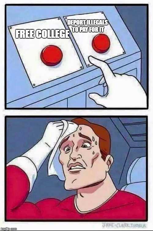 Two Buttons Meme | DEPORT ILLEGALS TO PAY FOR IT; FREE COLLEGE | image tagged in hard choice to make,The_Donald | made w/ Imgflip meme maker