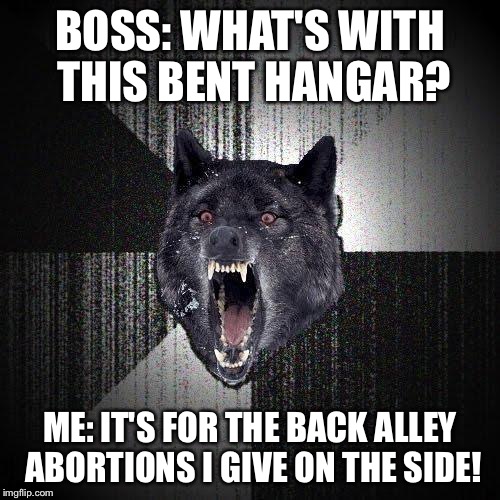 Insanity Wolf | BOSS: WHAT'S WITH THIS BENT HANGAR? ME: IT'S FOR THE BACK ALLEY ABORTIONS I GIVE ON THE SIDE! | image tagged in memes,insanity wolf | made w/ Imgflip meme maker