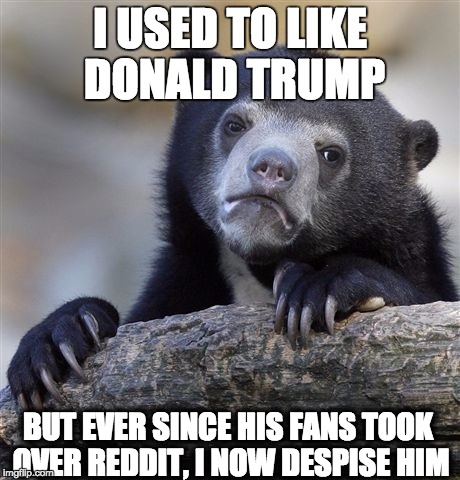 Confession Bear | I USED TO LIKE DONALD TRUMP; BUT EVER SINCE HIS FANS TOOK OVER REDDIT, I NOW DESPISE HIM | image tagged in memes,confession bear | made w/ Imgflip meme maker