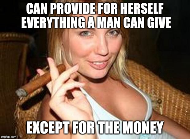 cigar babe | CAN PROVIDE FOR HERSELF EVERYTHING A MAN CAN GIVE EXCEPT FOR THE MONEY | image tagged in cigar babe | made w/ Imgflip meme maker