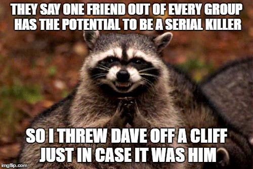 Nicknak is Next | THEY SAY ONE FRIEND OUT OF EVERY GROUP HAS THE POTENTIAL TO BE A SERIAL KILLER; SO I THREW DAVE OFF A CLIFF JUST IN CASE IT WAS HIM | image tagged in memes,evil plotting raccoon | made w/ Imgflip meme maker