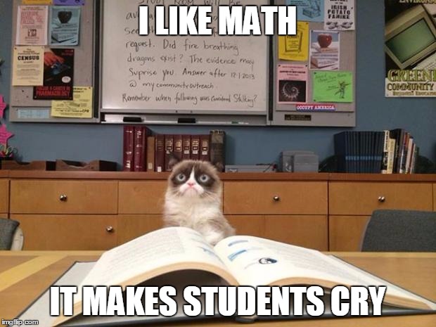 Grumpy cat studying | I LIKE MATH; IT MAKES STUDENTS CRY | image tagged in grumpy cat studying,memes,grumpy cat | made w/ Imgflip meme maker