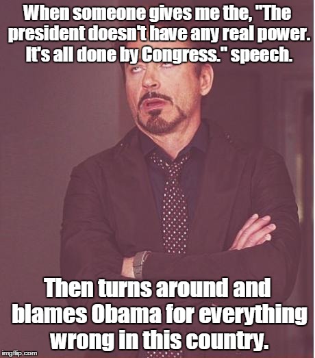 Face You Make Robert Downey Jr | When someone gives me the, "The president doesn't have any real power. It's all done by Congress." speech. Then turns around and blames Obama for everything wrong in this country. | image tagged in memes,face you make robert downey jr | made w/ Imgflip meme maker